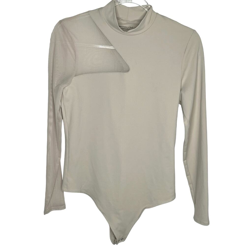 Abercrombie & Fitch Bodysuit Cream Mesh Sleeve Mock Neck L New